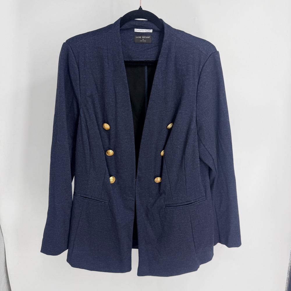 Lane Bryant The Bryant Blazer Navy Blue Gold Crest Button Knit Jacket 18